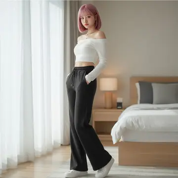 베이지·화이트 톤 부츠컷팬츠와 긴팔티 전신 코디 사진