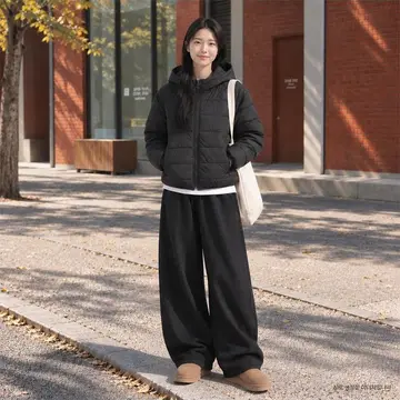 블랙 오버핏 롱패딩과 블랙 와이드팬츠 전신 코디 사진