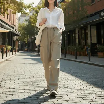 카키 오버핏 카고팬츠와 화이트 셔츠 전신 코디 사진