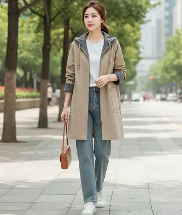 베이지·차콜 톤 오버핏 후드집업과 나시 전신 코디 사진