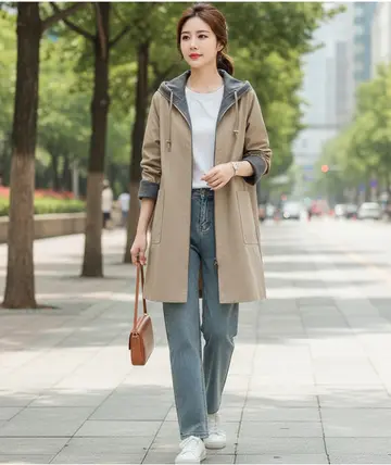 베이지·차콜 톤 후드집업과 나시 전신 코디 사진