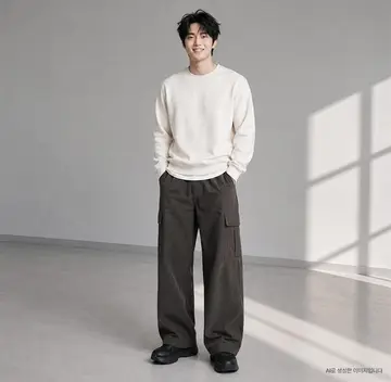 화이트·아이보리 톤 배기팬츠와 맨투맨 전신 코디 사진