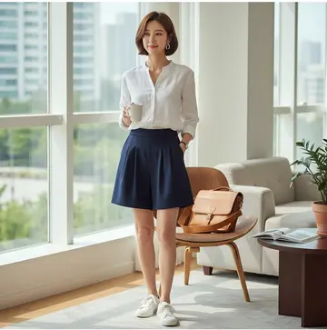 카키·화이트 톤 반바지와 블라우스 전신 코디 사진