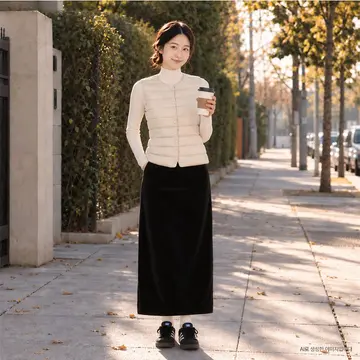 베이지·블랙 톤 퀼팅 패딩조끼와 롱스커트 전신 코디 사진