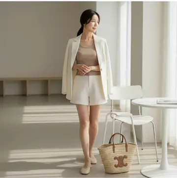 카키·브라운 톤 민소매와 블레이저 전신 코디 사진