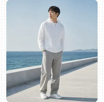 그레이·화이트 톤 후드집업과 조거팬츠 전신 코디 사진