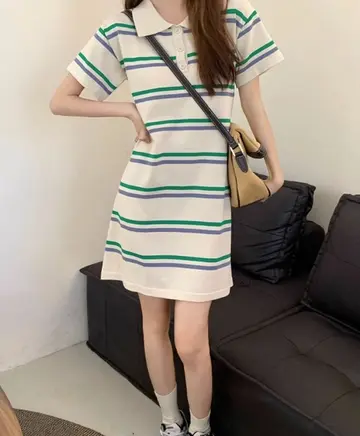 스트라이프 미니원피스 전신 코디 사진