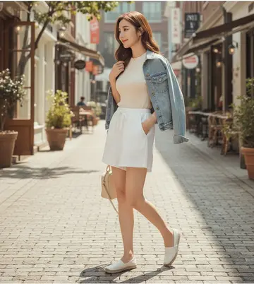 아이보리·차콜 톤 반바지와 청자켓 전신 코디 사진