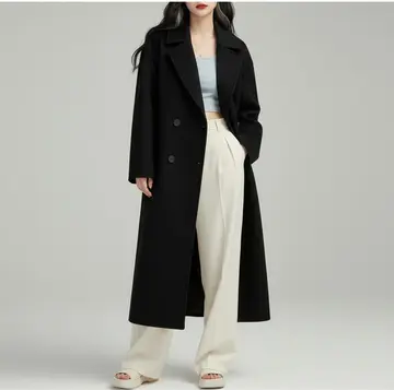 블랙·화이트 톤 울 롱코트와 나시 전신 코디 사진