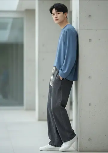 와이드 청바지와 스카이블루 긴팔티 전신 코디 사진