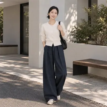 와이드 청바지와 아이보리 니트 전신 코디 사진