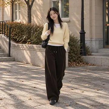 브라운 오버핏 와이드 조거팬츠와 옐로우 가디건 전신 코디 사진
