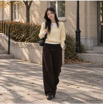 베이지·블랙 톤 와이드 조거팬츠와 가디건 전신 코디 사진