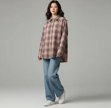 그레이·차콜 톤 체크 셔츠와 재킷 전신 코디 사진