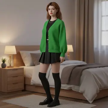 그린 오버핏 골지 가디건과 미니스커트 전신 코디 사진