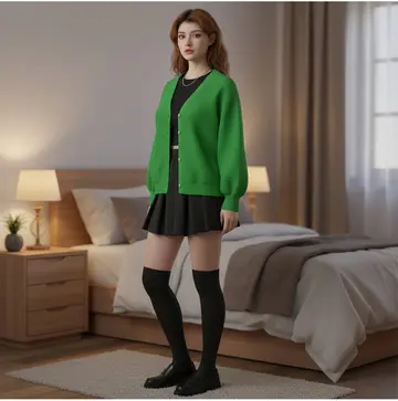 블랙 톤 골지 가디건과 미니스커트 전신 코디 사진