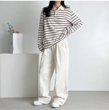 그레이·카멜 톤 와이드팬츠와 셔츠 전신 코디 사진