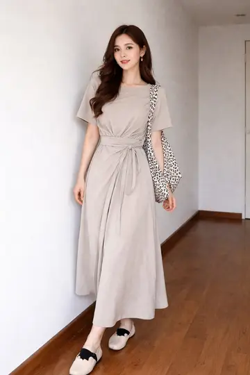 그레이·베이지 톤 미디원피스 전신 코디 사진