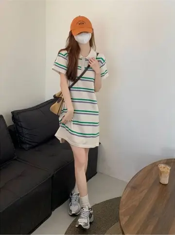 스트라이프 셔츠원피스 전신 코디 사진