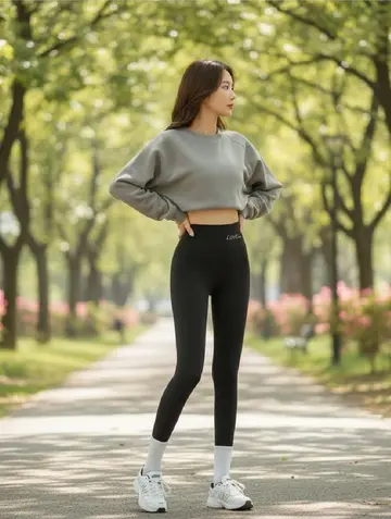 블랙 기모 레깅스와 그레이 맨투맨 전신 코디 사진