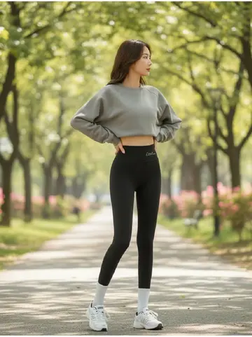 그레이·브라운 톤 기모 레깅스와 맨투맨 전신 코디 사진