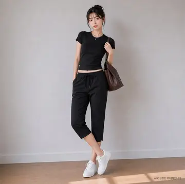 블랙 조거팬츠와 블랙 반팔티 전신 코디 사진
