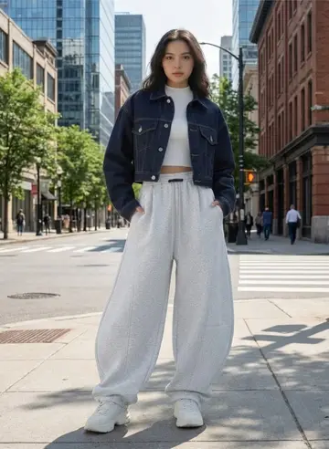 그레이 조거팬츠와 청자켓 전신 코디 사진