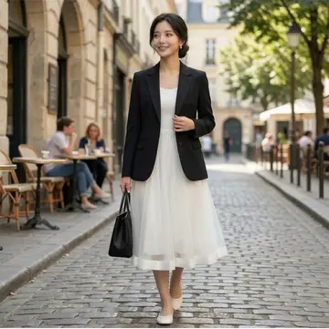 화이트 슬립원피스와 블랙 블레이저 전신 코디 사진
