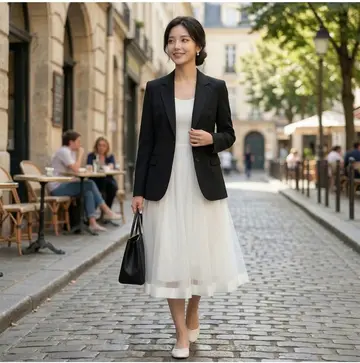 블랙·아이보리 톤 슬립원피스와 블레이저 전신 코디 사진