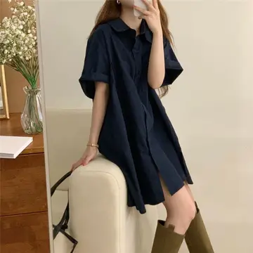 블랙·브라운 톤 셔츠원피스 전신 코디 사진