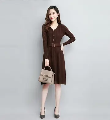 브라운 니트원피스 전신 코디 사진