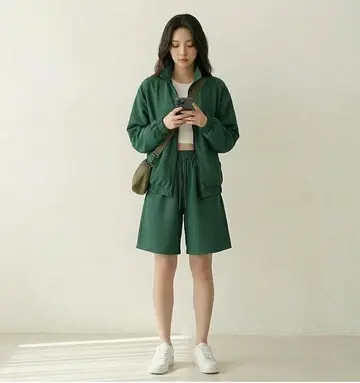 베이지·카키 톤 바람막이와 후드티 전신 코디 사진