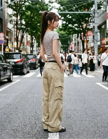 그레이 반팔티와 카고팬츠 전신 코디 사진