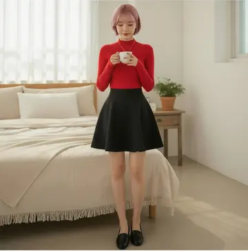 블랙·브라운 톤 니트와 미니스커트 전신 코디 사진