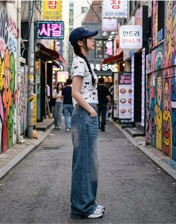 화이트·그레이 톤 반팔티와 청바지 전신 코디 사진
