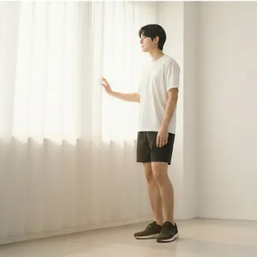베이지·카멜 톤 반팔티와 미니스커트 전신 코디 사진