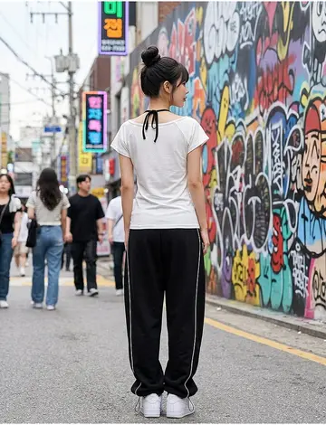 화이트·카멜 톤 반팔티와 청바지 전신 코디 사진