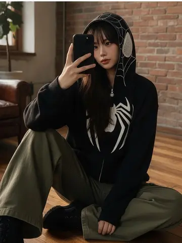 블랙·브라운 톤 집업과 와이드팬츠 전신 코디 사진