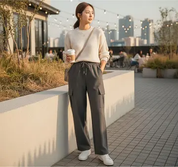 아이보리·브라운 톤 오버핏 카고팬츠와 니트 전신 코디 사진