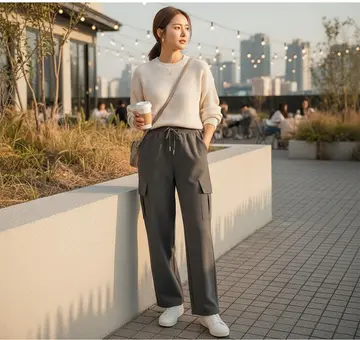 아이보리·브라운 톤 카고팬츠와 니트 전신 코디 사진