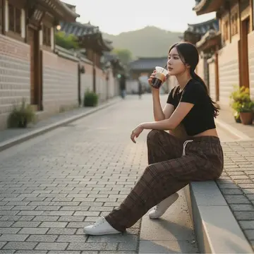 체크 와이드 슬랙스와 블랙 반팔티 전신 코디 사진