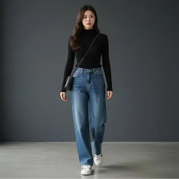 블랙·차콜 톤 맨투맨과 청바지 전신 코디 사진