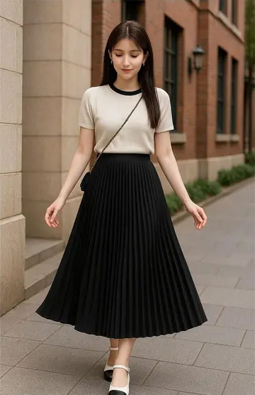 블랙 스커트와 베이지 반팔티 전신 코디 사진