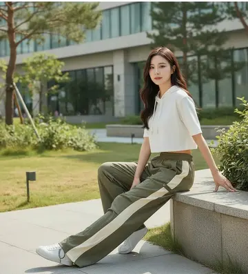아이보리·카키 톤 와이드 슬랙스 전신 코디 사진