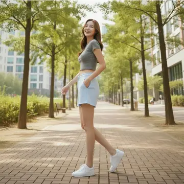 차콜·그레이 톤 반바지와 반팔티 전신 코디 사진
