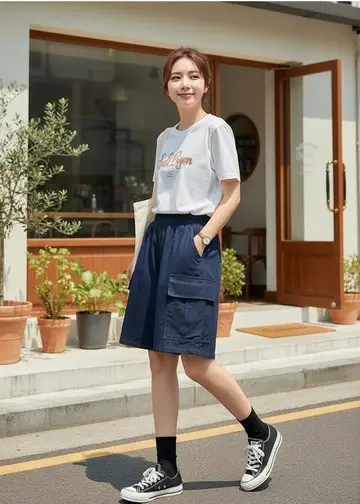 화이트·그레이 톤 반바지와 반팔티 전신 코디 사진