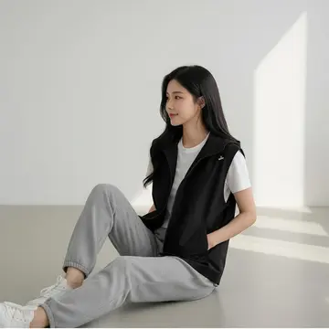 블랙·그레이 톤 플리스와 나시 전신 코디 사진