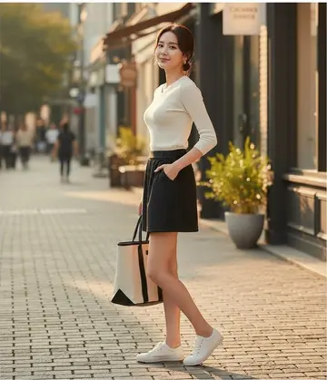 블랙 스커트와 아이보리 니트 전신 코디 사진