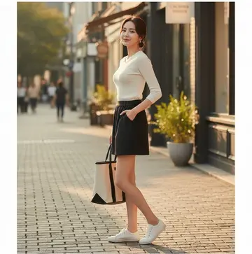 베이지·아이보리 톤 스커트와 니트 전신 코디 사진