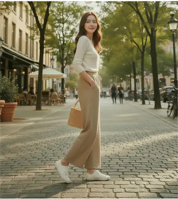 베이지 와이드 슬랙스와 아이보리 니트 전신 코디 사진